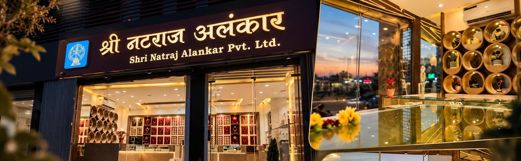 Shri Natraj Alankar showroom exterior at dusk